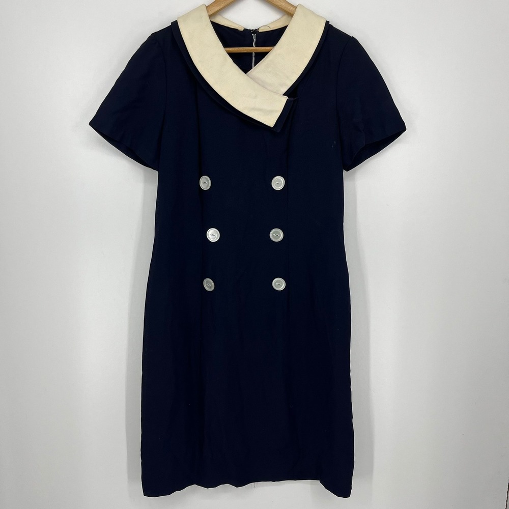 Vintage Sears Roebuck Navy Blue Shawl Collar Double Breasted Shift Dress Size M